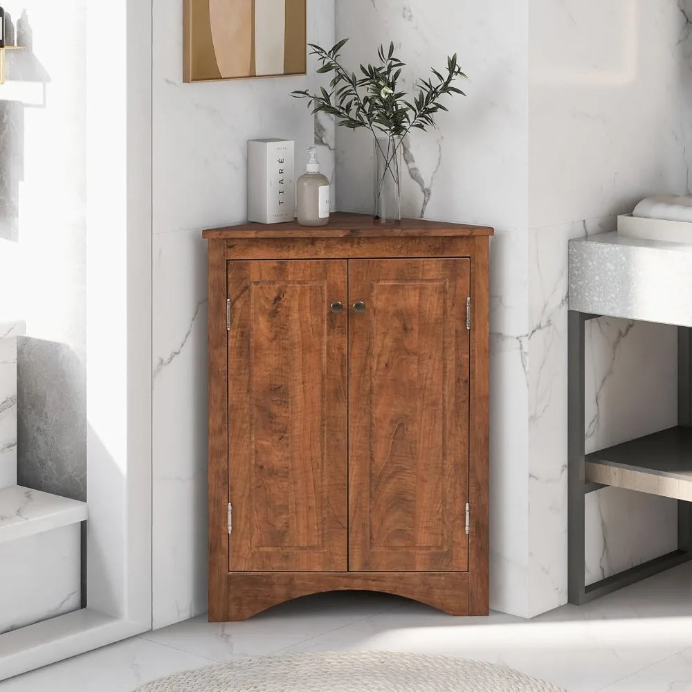 Corner Storage Cabinet with Adjustable Shelves, Triangle Bathroom & Kitchen Organizer, Freestanding Floor Cabinet for Toilet Kit