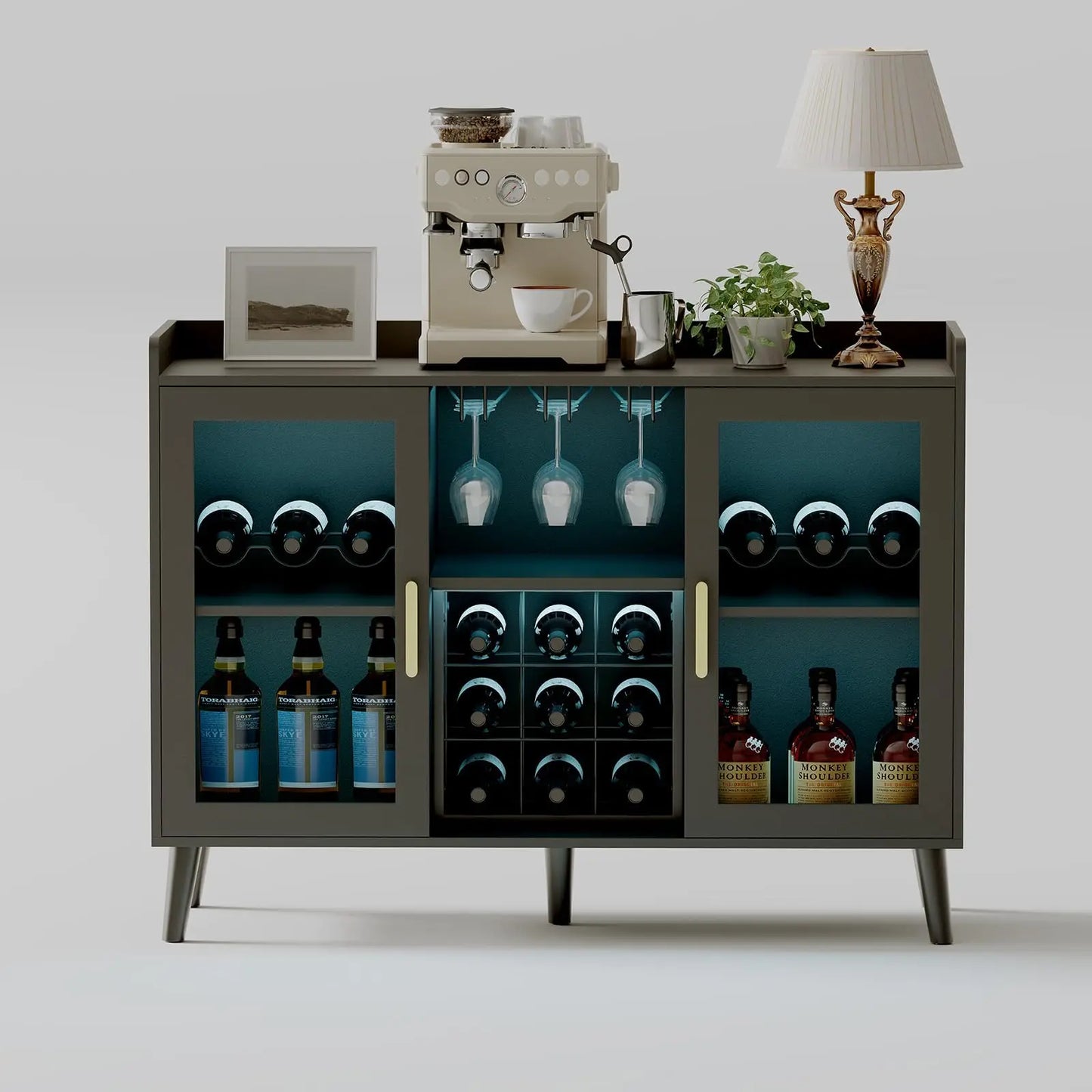 Wine Bar Cabinet With Led Lights & Glass Holder, Freestanding Sideboard With Wine Rack For Dining Room Kitchen Storage