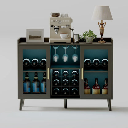 Wine Bar Cabinet With Led Lights & Glass Holder, Freestanding Sideboard With Wine Rack For Dining Room Kitchen Storage