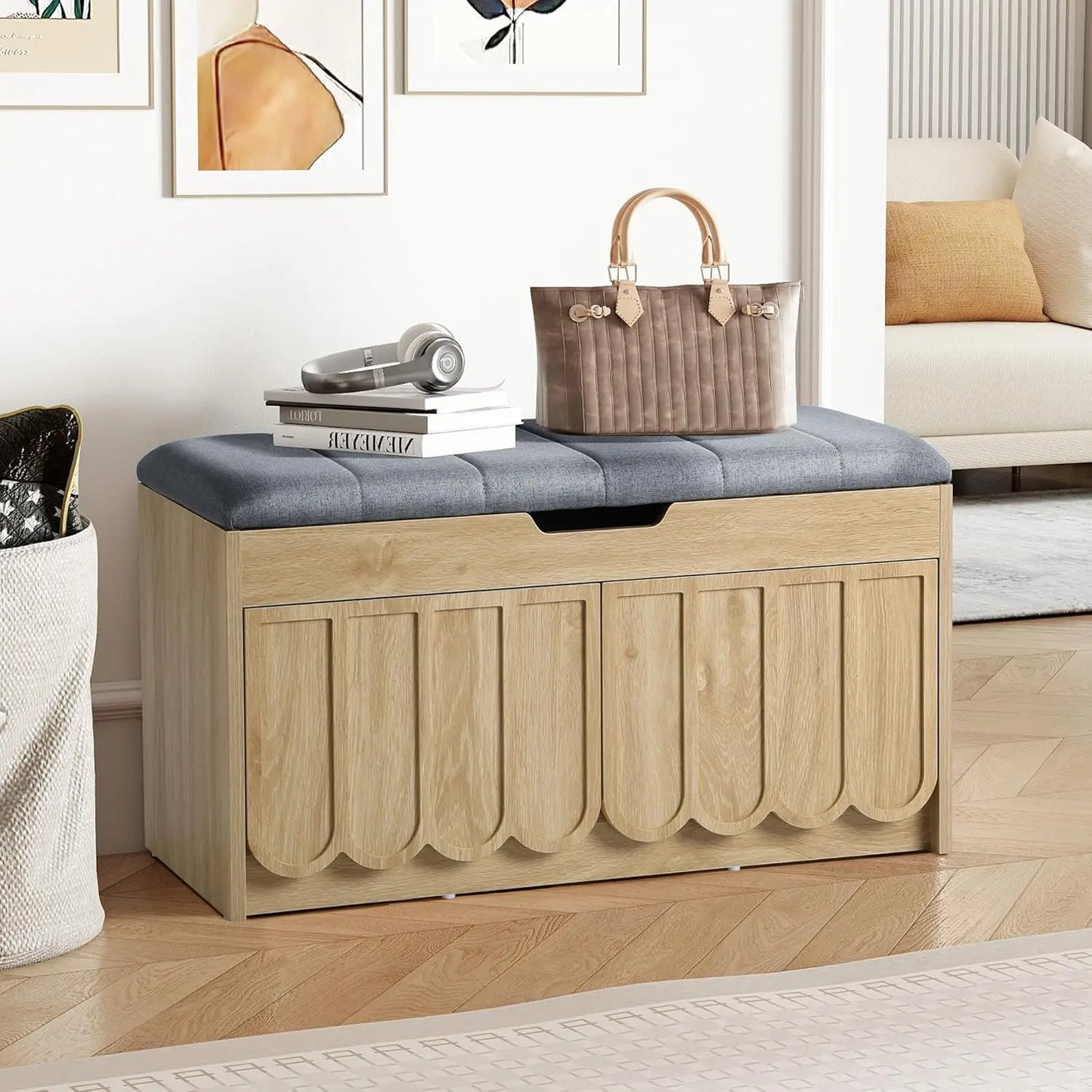 Shoe Storage Bench with Cushion, Entryway Shoe Cabinet Bench with 2 Scalloped Doors & Adjustable Shelf, Customized