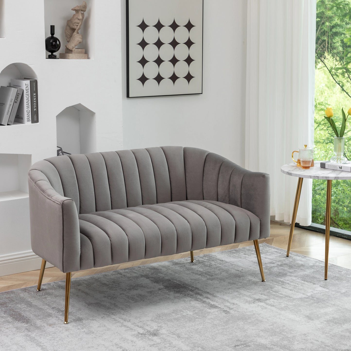 Modern Glam Comfy 50" Metal Legs Curved Sofa 2 Seaters Loveseat with Tufted Back, Mid Century Hall Velvet Sofa for Living Room