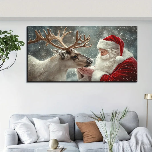 Christmas Miracle Warm Santa and elk hanging canvas art, vivid Christmas decorations, 1.5 inch thick pine solid wood frame
