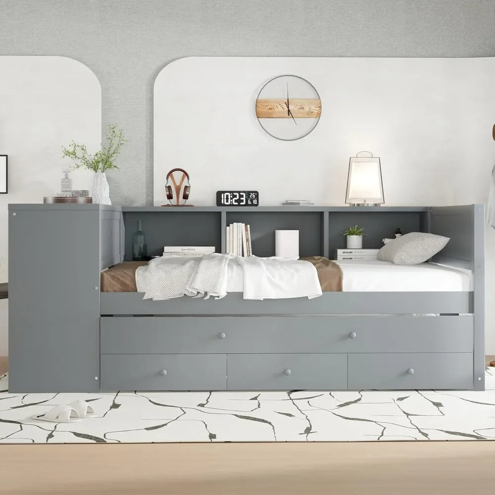Twin Size Corner Daybed with Trundle, 3 Drawers & Desk - Grey Wooden Storage Bed for Kids Teens