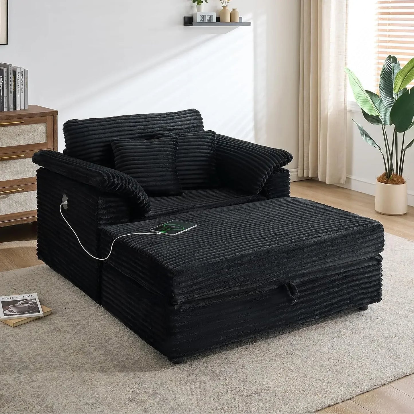 Oversized Chaise Lounge Chair Couch Indoor - Deep Seat Sofa Bed, Corduroy Sleeper Cloud with USB Charging, Customized