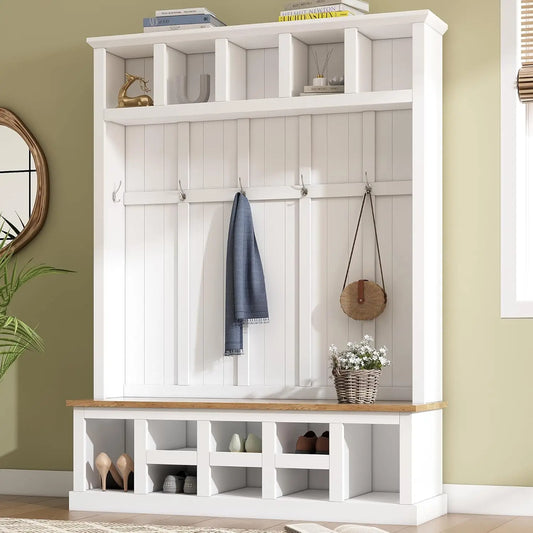 Wood Farmhouse Hall Tree with Storage Entryway Bench,  Coat Racks