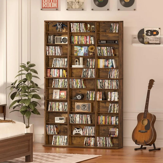Adjustable Media Storage Cabinet, Brown Bookshelf for DVDs, CDs, Books - Living Room & Home Office