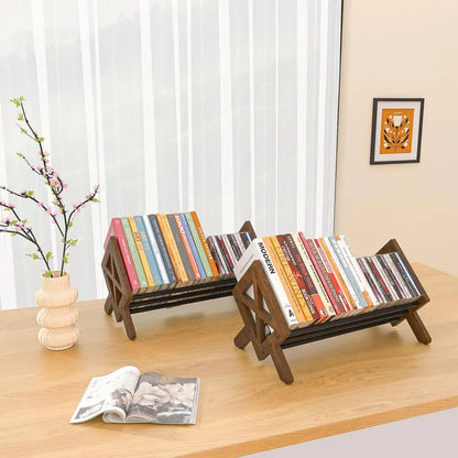 Desktop Bookshelf Organizer, Wood Office Tabletop Book Storage Rack, Tilting Bookcase for Books CDs Magazine Display 2 Packs Bl