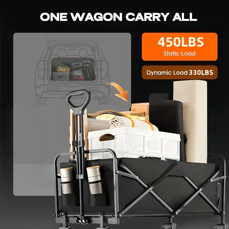 Folding Trolley, Heavy Duty Utility Portable Foldable Outdoor Beach Field Trolley with 360° All Terrain Wheels, Side Bag