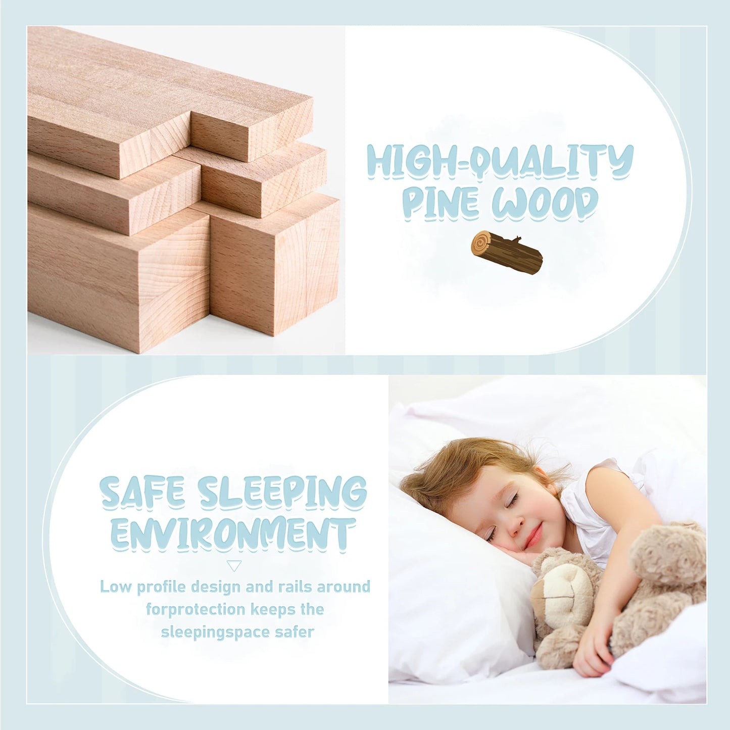 Toddler Floor Bed Frame with Safety Guardrails Doors Wood Slat Support Bed Detachable Platform Bed for Kids Bedroom Nursery