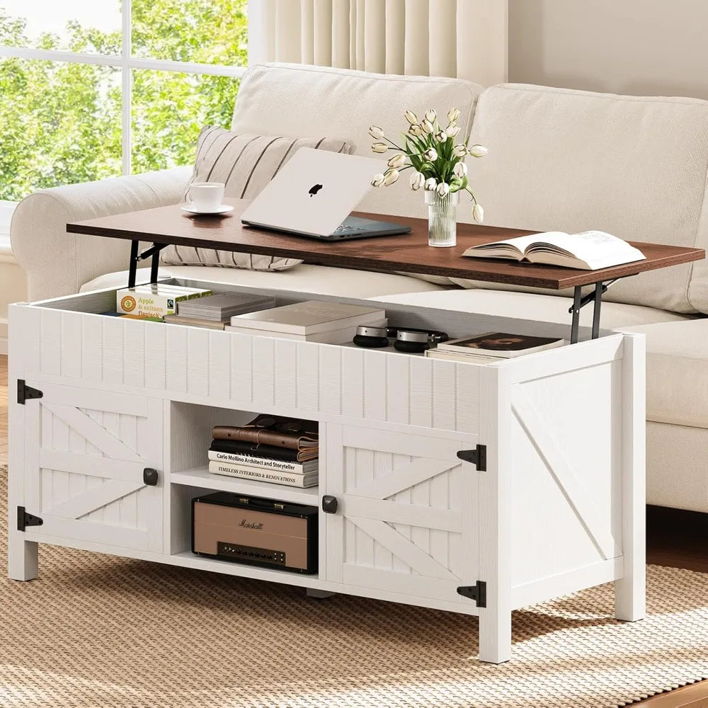 Lift Top Coffee Table with Storage - White Coffee Tables for Living Room, Farmhouse Wood Center Table