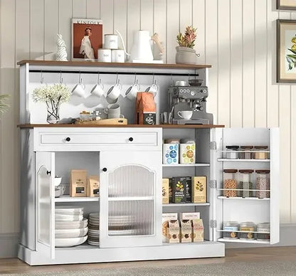 Coffee Bar Cabinet with Glass Doors, Wood Kitchen Pantry Cabinet with Glass Doors, Green Microwave Cabinet Kitchen Cabinets