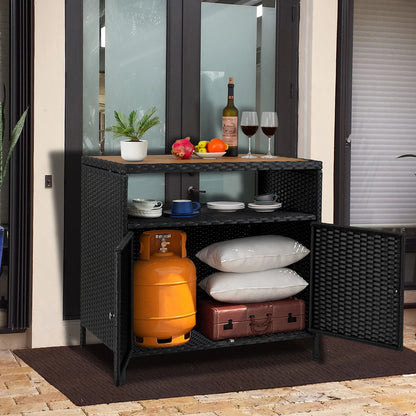 Weatherproof Outdoor Wicker Bar Table Storage Cabinet w/Double Doors & Shelves, Rattan Patio Buffet Console for Garden Poolside