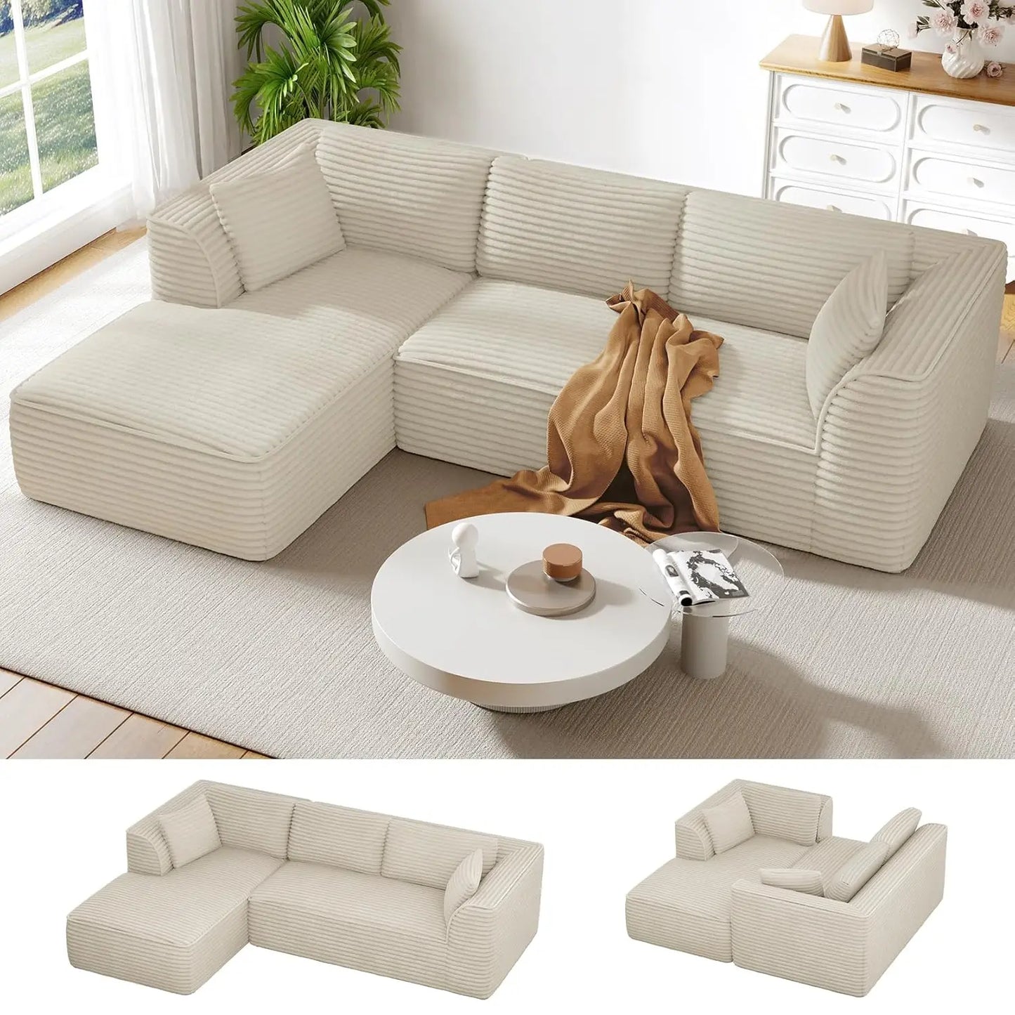 Boneless Couch with Chaise, Deep Seat Comfy Cloud Modular Sofa Corduroy Memory Foam Sectional Couches