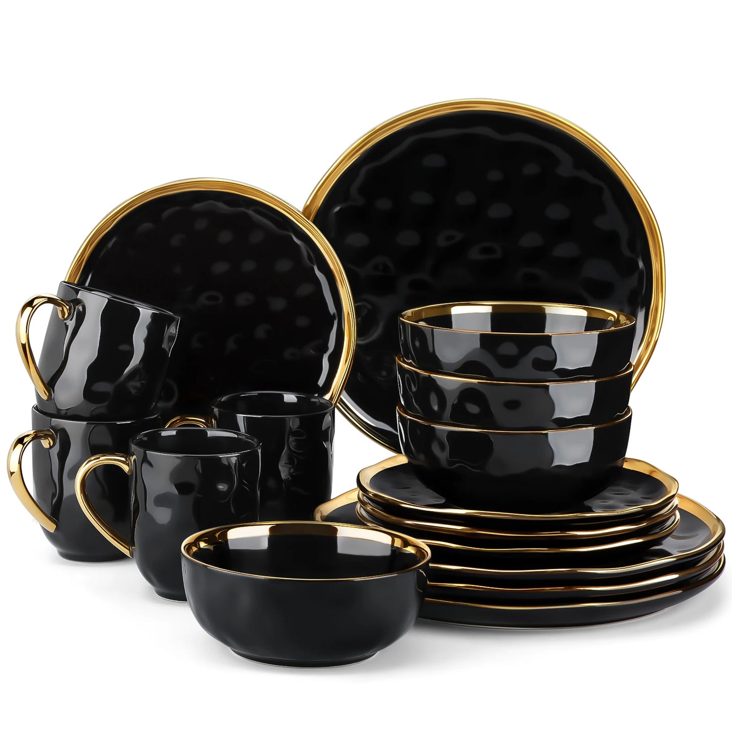 Black Porcelain Dinnerware Set with Gold Trim Dessert Plate, Dinner Plate, Cup, Bowl Tableware Set