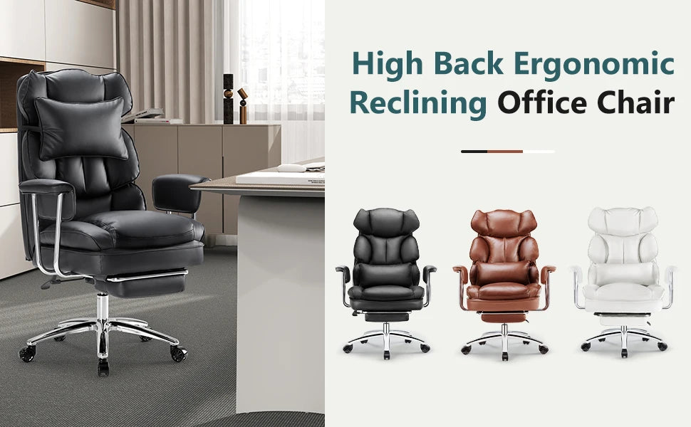 Leather Ergonomic Computer Desk Chair High Back with Footrest Lumbar Support Height Adjustable For Home Office