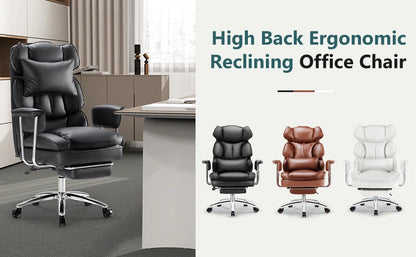 Leather Ergonomic Computer Desk Chair High Back with Footrest Lumbar Support Height Adjustable For Home Office