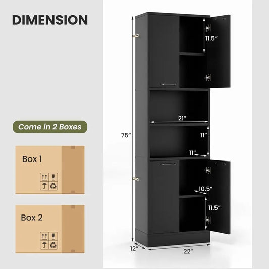 75 Tall Bathroom Storage Cabinet, Bathroom Floor Cabinet with 4 Doors amp 2 Open Shelves, 4 Antitoppling Devices, Freestanding