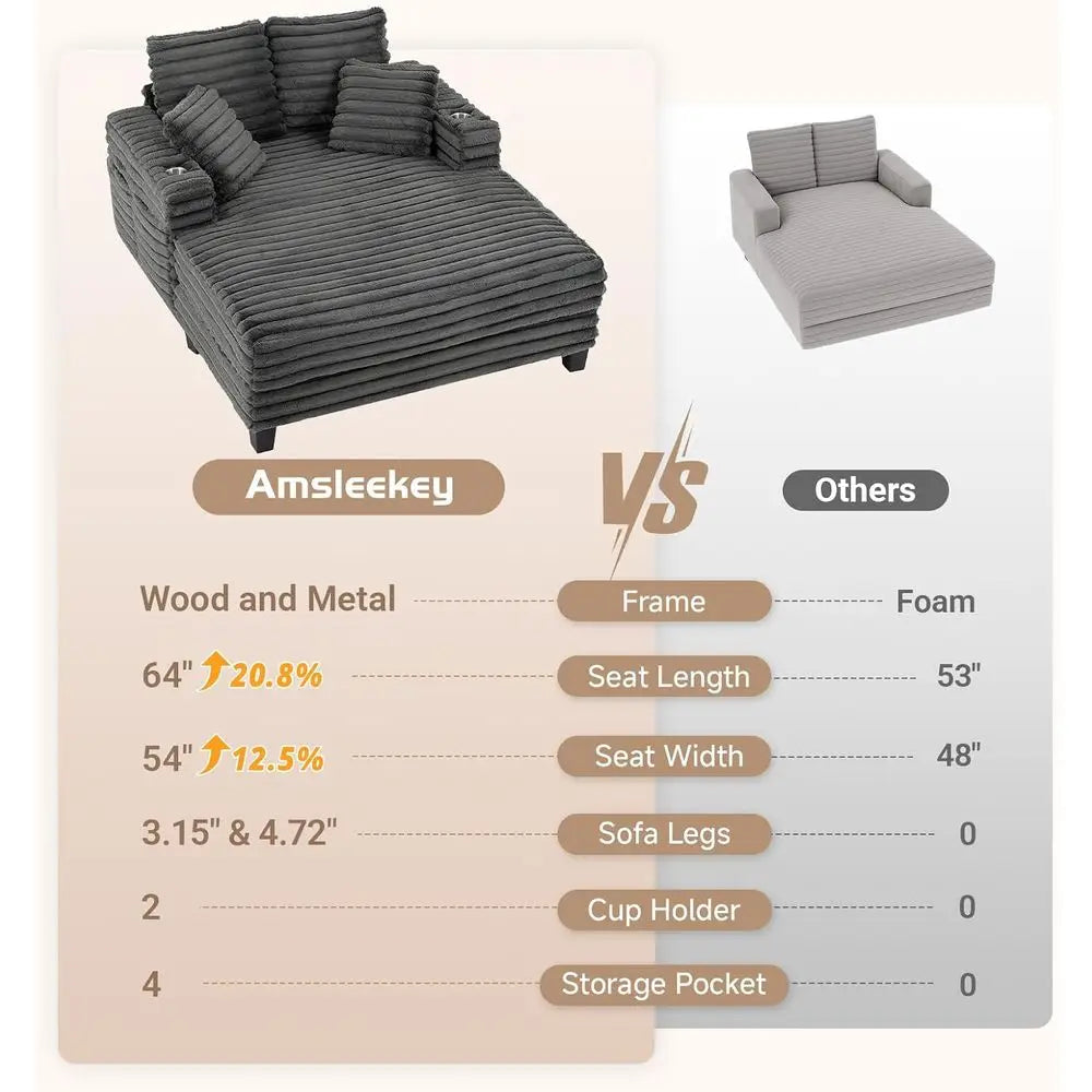 Oversized Indoor Chaise Lounge Chair with Storage and Cup Holders, Grey Corduroy