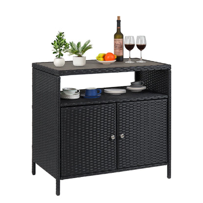 Weatherproof Outdoor Wicker Bar Table Storage Cabinet w/Double Doors & Shelves, Rattan Patio Buffet Console for Garden Poolside
