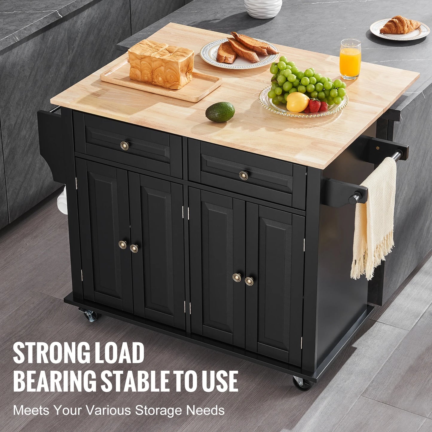 Kitchen Island Cart Wood Top Mobile Carts with Storage Cabinet Rolling Table with Drop Leaf Spice Rack Towel Bar