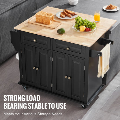 Kitchen Island Cart Wood Top Mobile Carts with Storage Cabinet Rolling Table with Drop Leaf Spice Rack Towel Bar