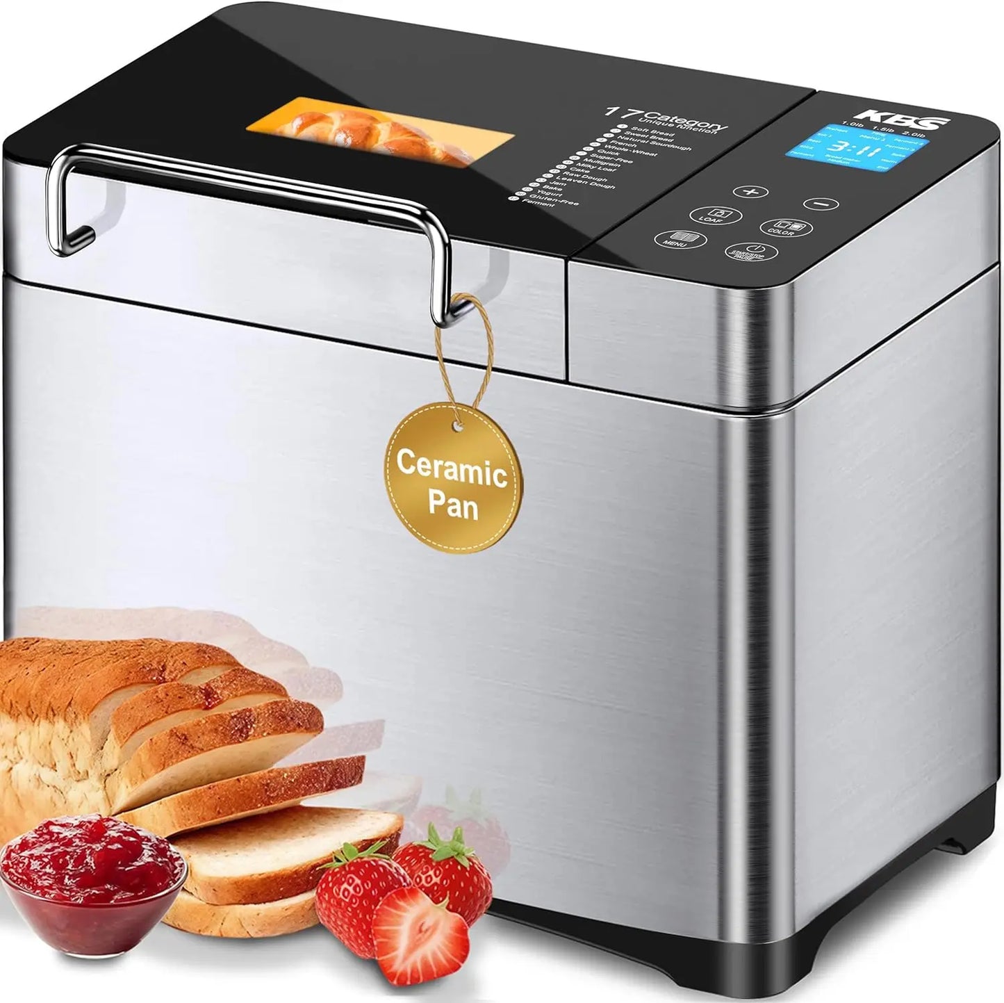 17-in-1 Automatic Bread Maker with Ceramic Pan, Nut Dispenser, Touch Panel, Stainless Steel, 3 Crust Options, 15H