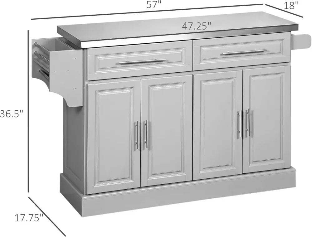 Rolling Kitchen Island Cart with Wheels, Portable Island Table for Kitchen with Stainless Steel Top, Adjustable Shelves
