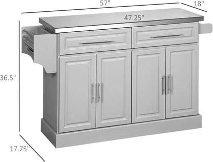 Rolling Kitchen Island Cart with Wheels, Portable Island Table for Kitchen with Stainless Steel Top, Adjustable Shelves