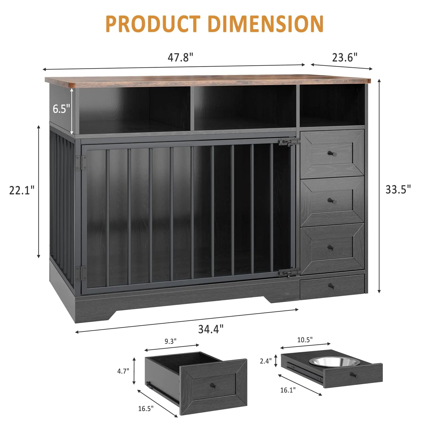 Farmhouse Wooden Dog Crate Furniture With 6 Storage Drawers Feeding Station Heavy Duty Dog Kennel End Table