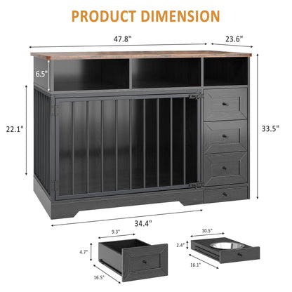 Farmhouse Wooden Dog Crate Furniture With 6 Storage Drawers Feeding Station Heavy Duty Dog Kennel End Table