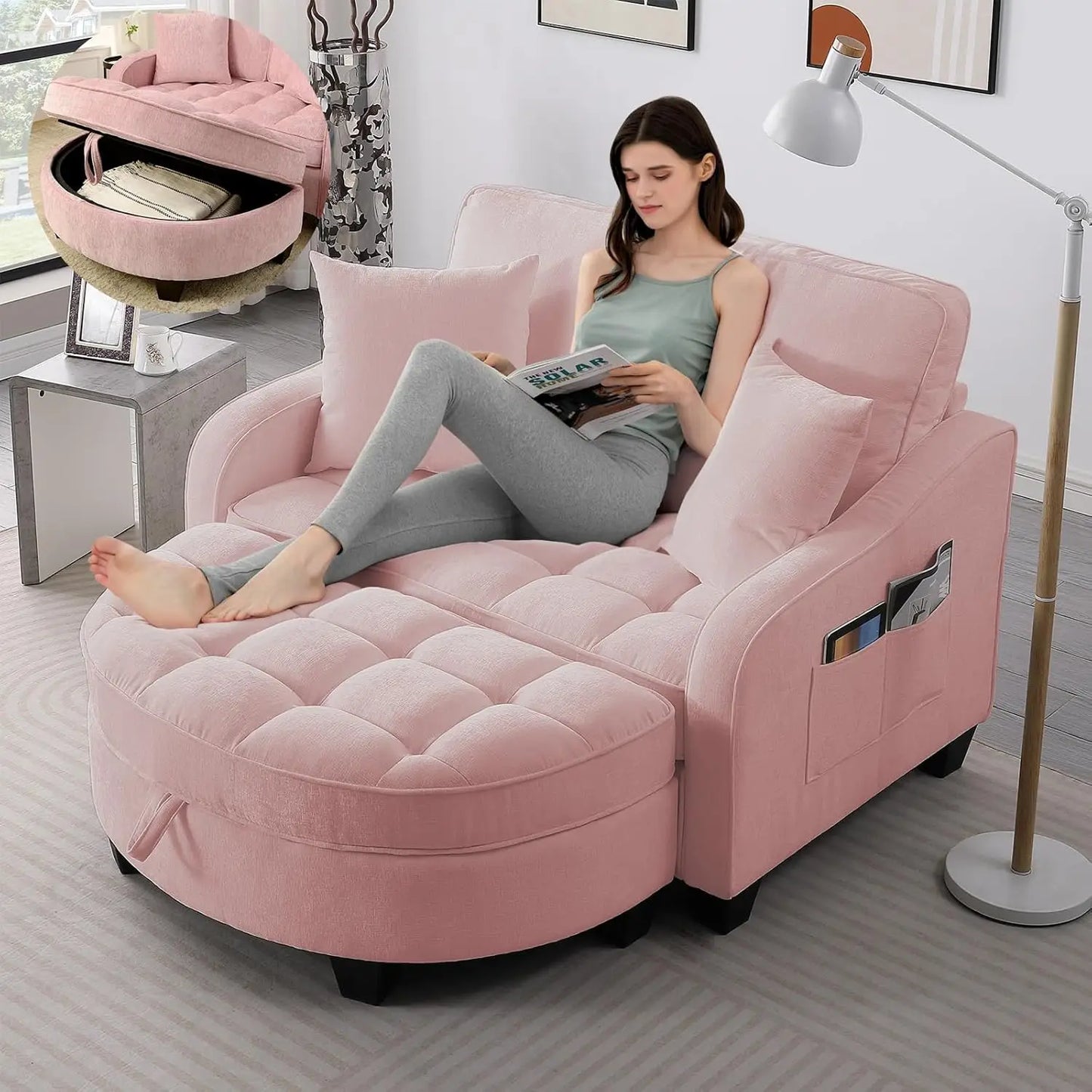 Oversized Curved Chaise Lounge Chair Indoor with Ottoman, 54.8" Cloud Reading Chair Soft Chenille Circle, Customized