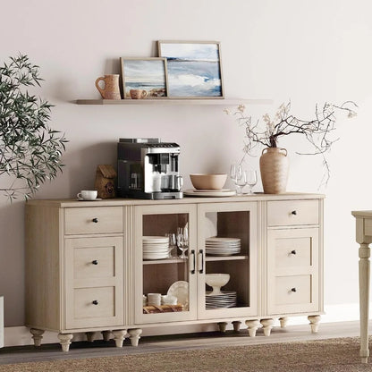 Tableware cabinet with glass doors, buffet cabinet, wooden coffee bar table with adjustable shelves, and 2 drawer cabinets