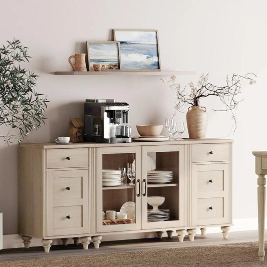 Tableware cabinet with glass doors, buffet cabinet, wooden coffee bar table with adjustable shelves, and 2 drawer cabinets