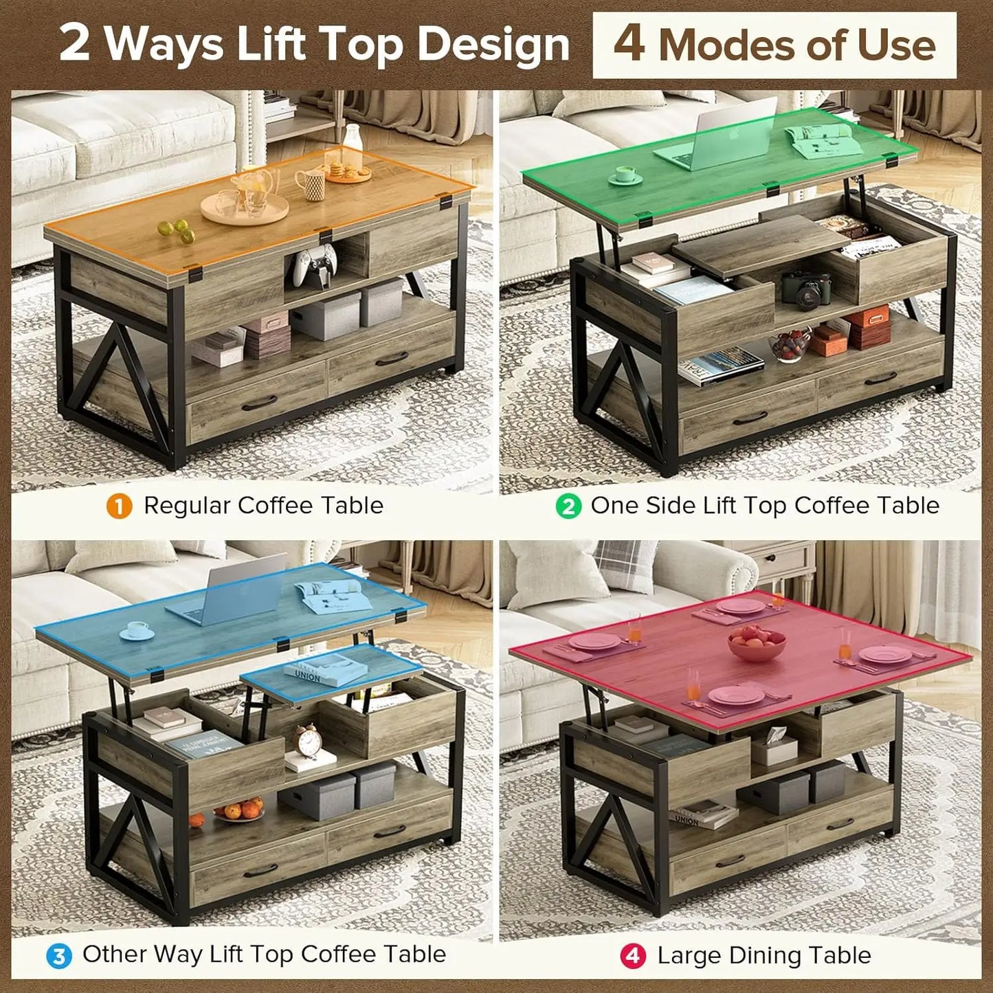 40" Lift Top Coffee Table,4 in 1 Multi-Function Lift Coffee Tables with Storage Drawers and Hidden, Customized