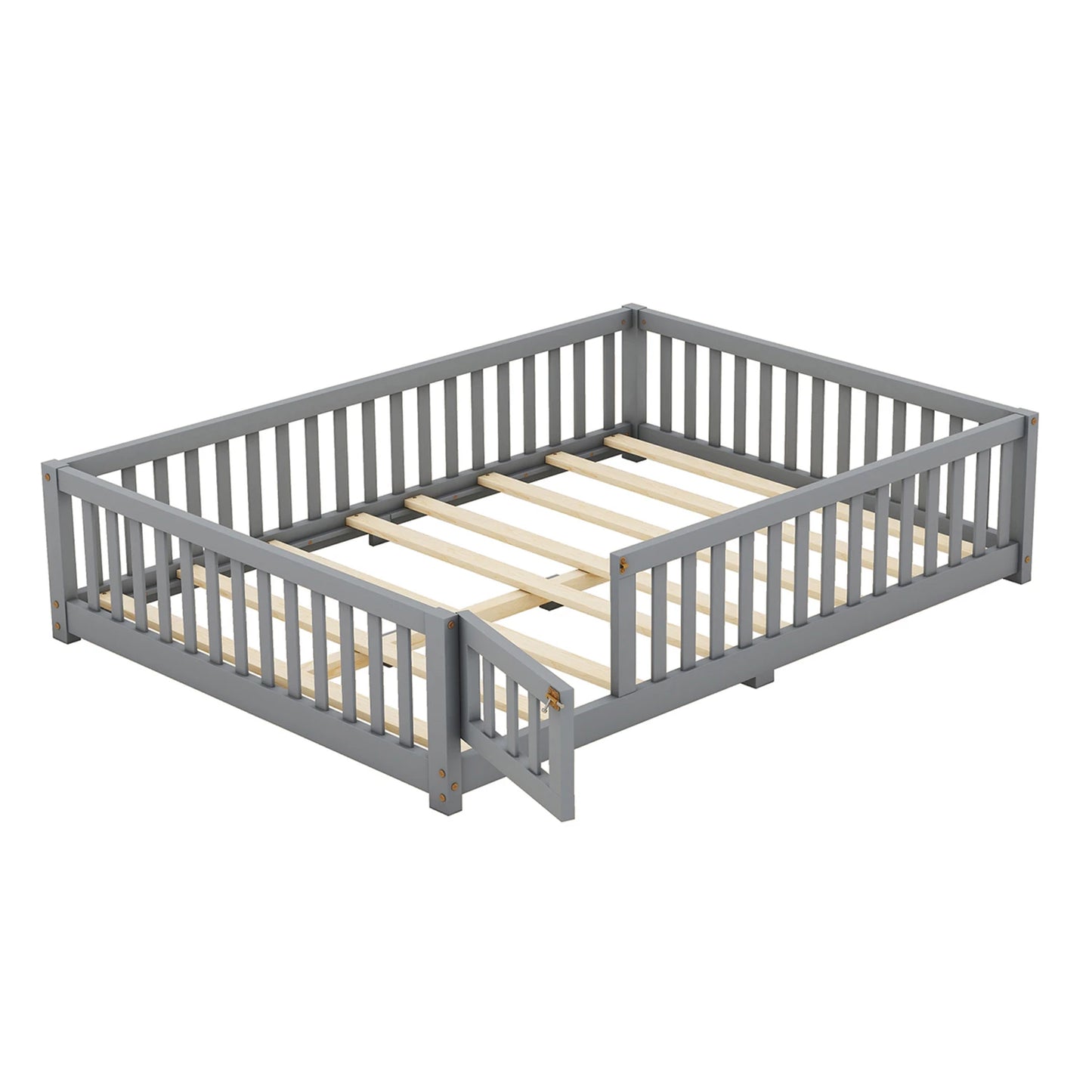 Toddler Floor Bed Frame with Safety Guardrails Doors Wood Slat Support Bed Detachable Platform Bed for Kids Bedroom Nursery