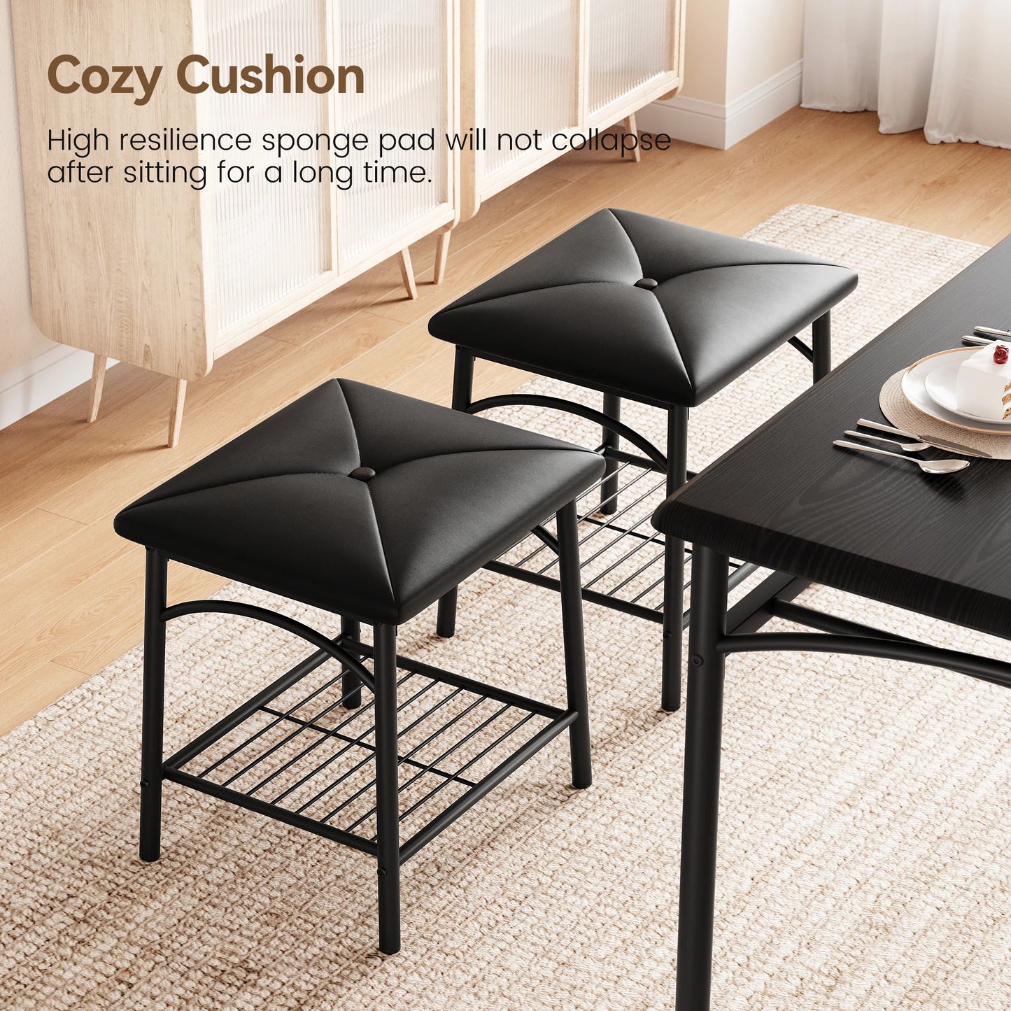 Dining Table Set for 4, Kitchen Table Set with Upholstered Bench and Square Stools, Metal and Wood Dining Room Table Set