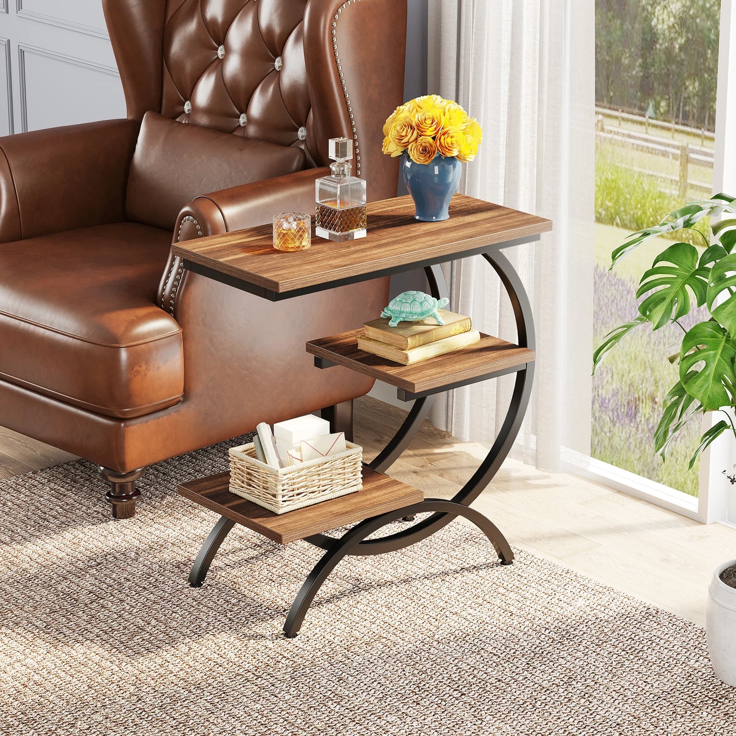 C-Shaped End Table, Industrial 3-Tier Small Table for Couch, Wood Bedside Table Snack Table with Storage Shelves