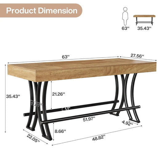 Counter Height Bar Table with Metal Footrest, Rectangular Tall Kitchen Dining Pub Table, Industrial Home Bar, Customized