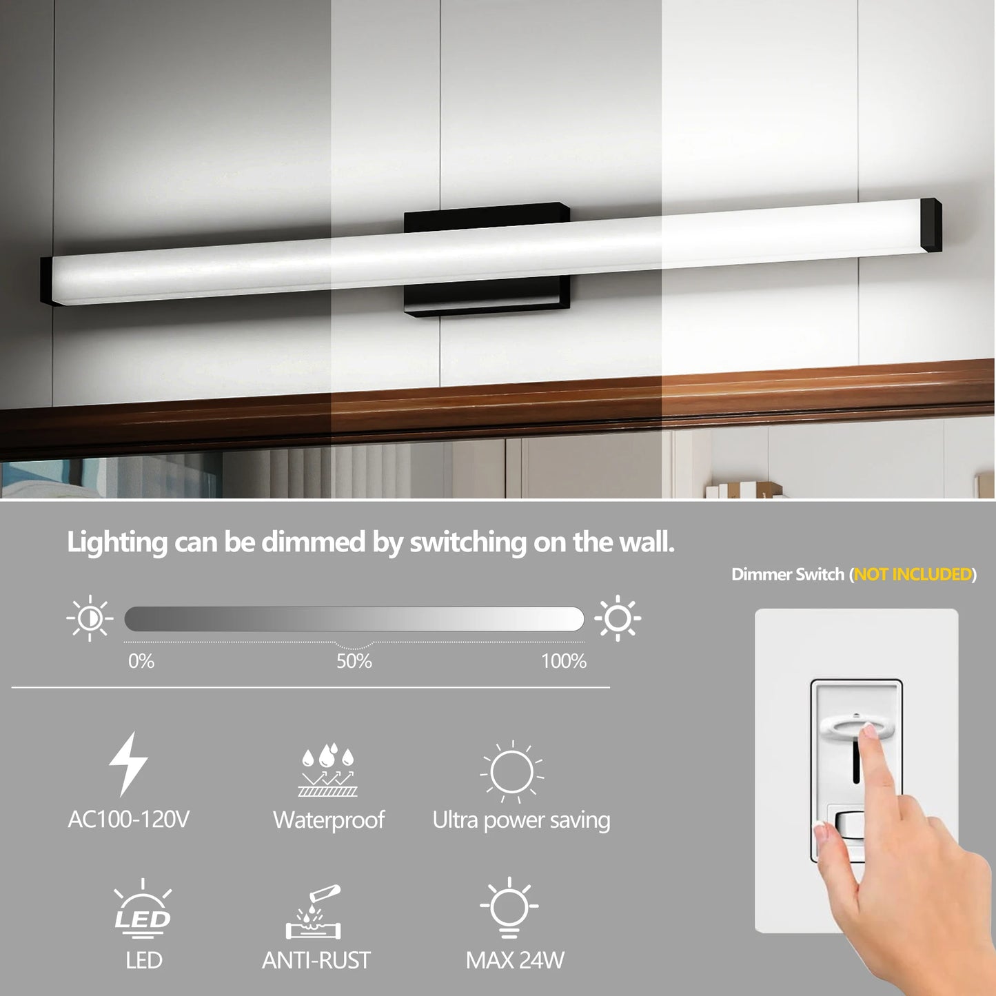 Modern Dimmable Bathroom LED Vanity Light - Waterproof Anti-Rust White Strip Fixture for Mirror & Master Bathroom
