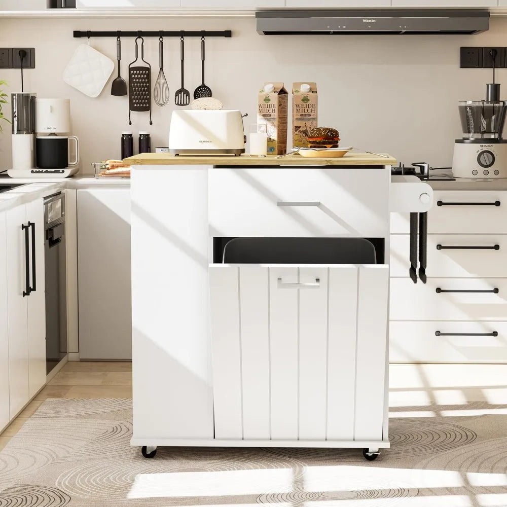 Rolling Kitchen Island with Trash Can Storage, Portable Kitchen Island on Wheels with Towel Rack & Spice Rack, Tilt Out Trash