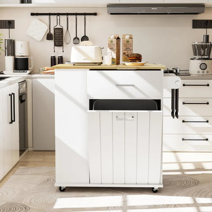 Rolling Kitchen Island with Trash Can Storage, Portable Kitchen Island on Wheels with Towel Rack & Spice Rack, Tilt Out Trash