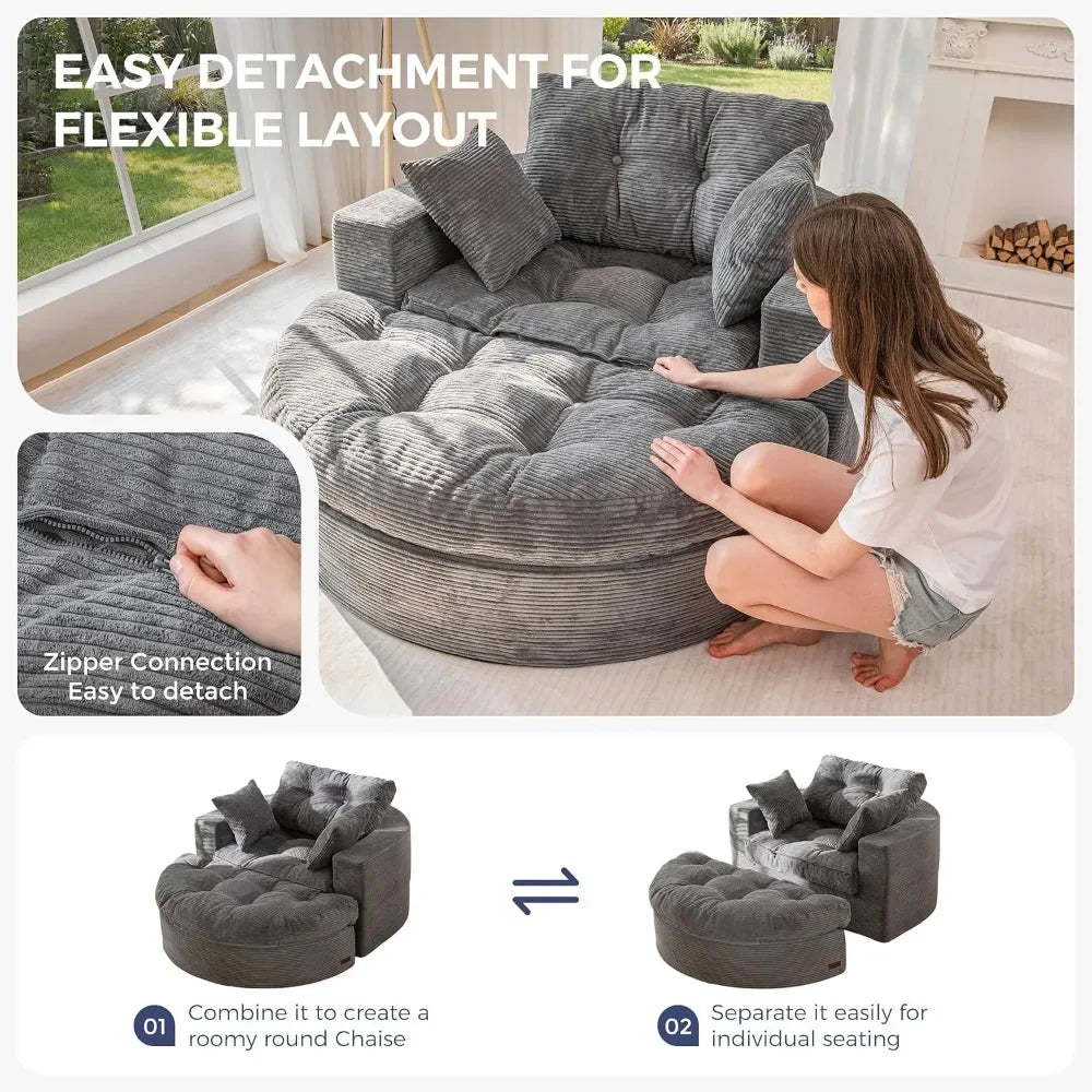 Oversized Round Chaise Lounge Sofa with Ottoman, Deep Seat Sleeper Chair, Boneless Couch for Living Room, Dark Grey
