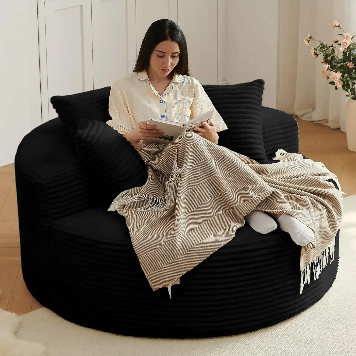 Oversized Round Chair Lounge Chaise Indoor, Upholstered Corduroy Deep Seat Cloud Large Circle Sofa Chair,