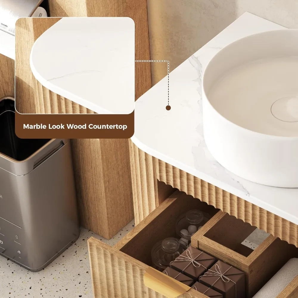 Floating Bathroom Vanity with Sink, Fluted Drawer Storage, Marble Wood Top, Wall Mounted