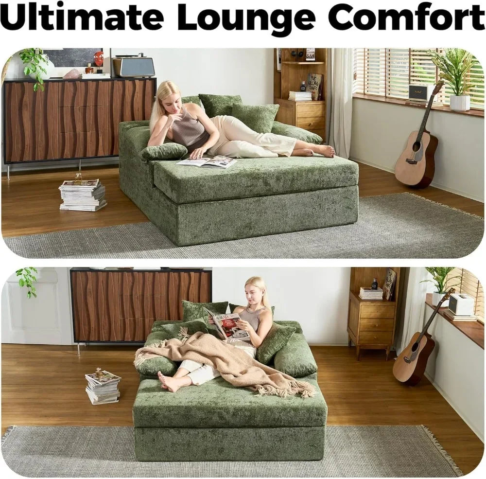 Oversized Boneless Chaise Lounge Chair Chenille Sofa Bed with Armrests & 4 Pillows