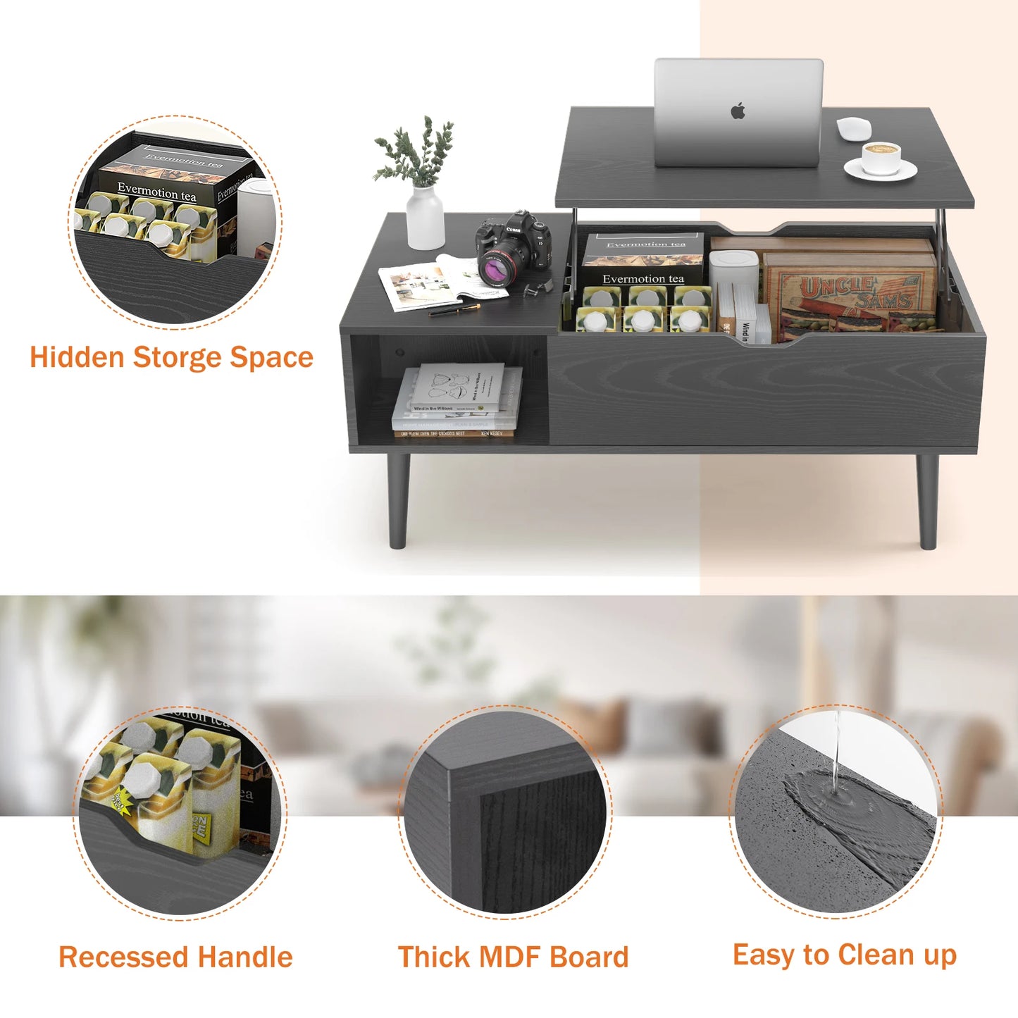 Desk Tea Dining Table Coffee Tables For Living Room 39.37"x19.7" Shelf Easy Lift Or Lower