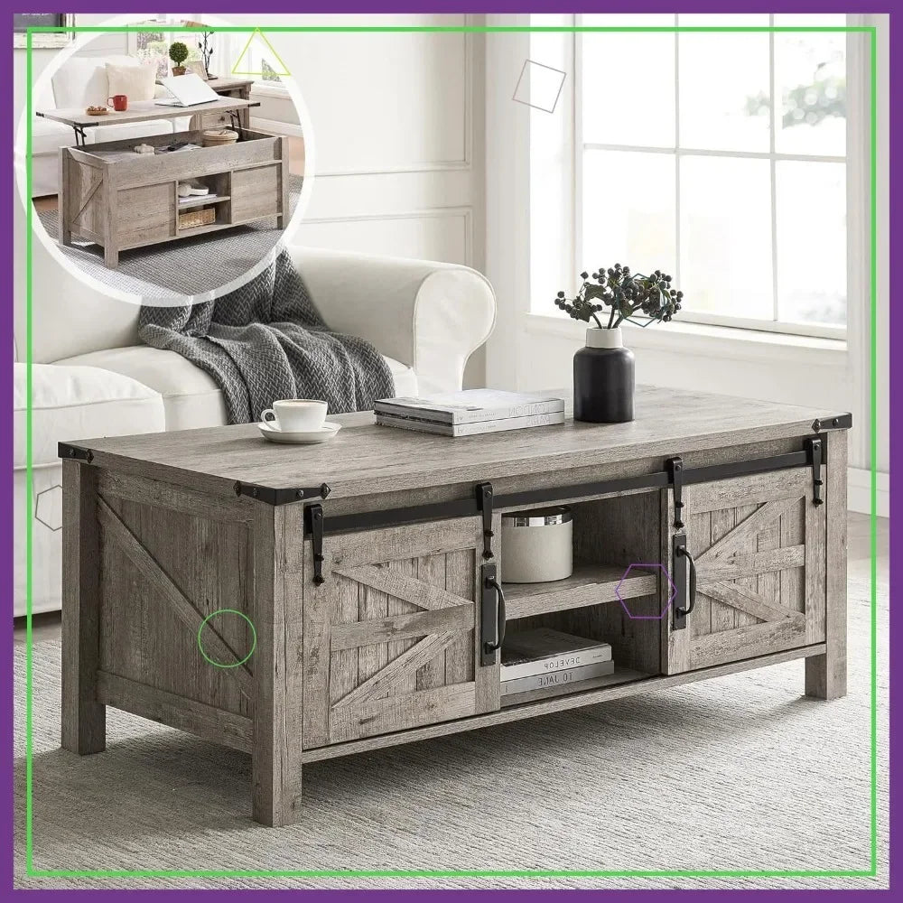 Lift Top Coffee Table with Sliding Barn Door, Rustic Farmhouse Storage Table for Living Room, Adjustable Shelf