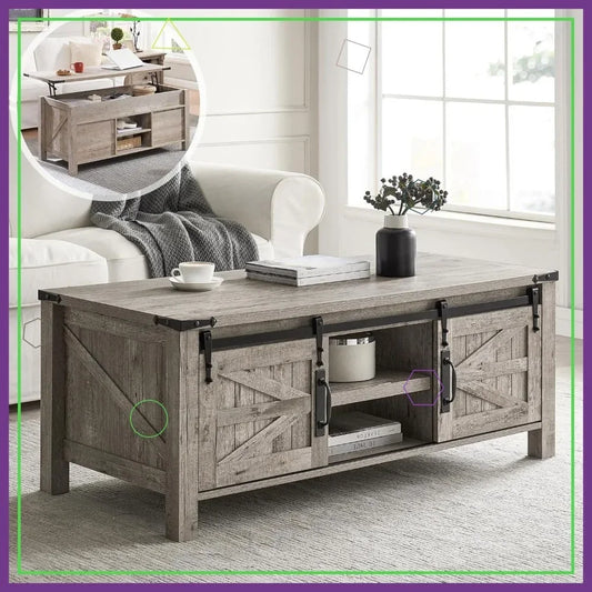 Lift Top Coffee Table with Sliding Barn Door, Rustic Farmhouse Storage Table for Living Room, Adjustable Shelf