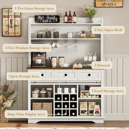 Farmhouse Coffee Bar Cabinet with Sliding Barn Door, 63 Inch Kitchen Hutch with 3 Drawers & Wine Racks for Living Dining Room
