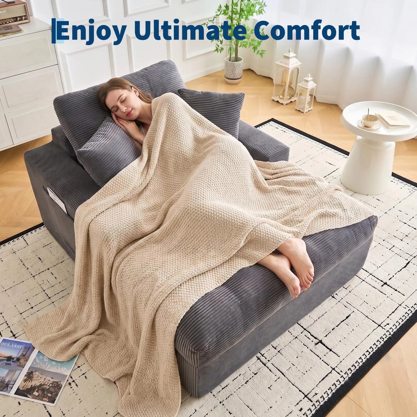 Cloud Chaise Lounge Indoor with Ottoman, Oversized Corduroy Sleeper Sofa Chair, Deep Seat Reading Couch, 2 Pillows
